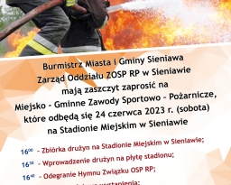 Zdjęcia główne wydarzenia: Zapraszamy na Miejsko-Gminne Zawody Sportowo-Pożarnicze w Sieniawie, 24.06.2023 r.
