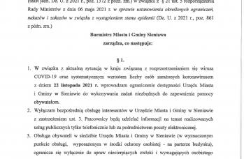 Zdjęcie: Zarządzenie Nr 120.31.2021 - ograniczenie bezpośredniej obsługi interesantów-1.jpg