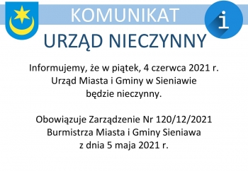 Zdjęcie główne dla: 'W piątek, 4 czerwca Urząd Miasta i Gminy w Sieniawie będzie nieczynny' 