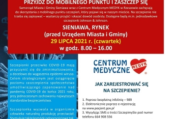 Zdjęcie główne dla: 'Szczepienia przeciwko COVID-19 w Mieście i Gminie Sieniawa - 29 lipca br. zapraszamy na sieniawski rynek' 