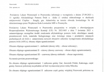 Zdjęcie główne dla: 'Informacja Powiatowego Lekarza Weterynarii w Przeworsku, 4.10.2021 r.' 