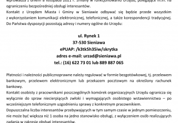 Zdjęcie główne dla: 'Komunikat w sprawie zmian w organizacji bezpośredniej obsługi interesantów w Urzędzie Miasta i Gminy w Sieniawie' 