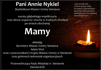 Zdjęcie główne dla: 'Kondolencje. Zmarła mama pani Anny Nykiel, skarbnika Miasta i Gminy Sieniawa.' 