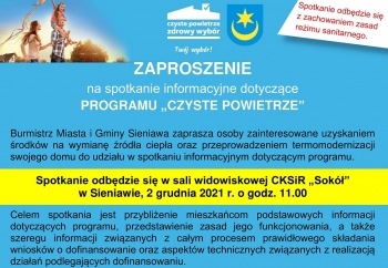 Zdjęcie główne dla: 'Spotkanie informacyjne dot. programu Czyste Powietrze odbędzie się 2 grudnia 2021 r. w CKSiR 