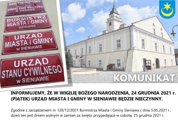 Zdjęcie główne dla: 'W Wigilię, 24 grudnia 2021 r. Urząd Miasta i Gminy w Sieniawie będzie nieczynny' 