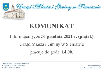 Zdjęcie główne dla: '31 grudnia 2021 r. urząd pracuje do godz. 14.00' 