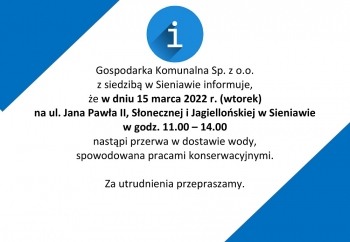 Zdjęcie główne dla: 'Przerwa w dostawie wody na ul. Jana Pawła II, Słonecznej i Jagiellońskiej w Sieniawie' 