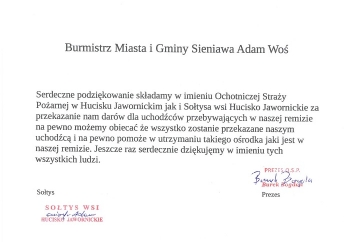 Zdjęcie główne dla: 'Podziękowanie OSP w Hucisku Jawornickim i sołtysa wsi dla Burmistrza Miasta i Gminy Sieniawa' 