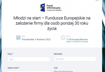 Zdjęcie główne dla: 'Bezpłatne webinarium z cyklu „Młodzi na start – Fundusze Europejskie na założenie firmy dla osób poniżej 30 roku życia na terenie województwa podkarpackiego”' 