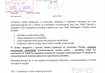 Zdjęcie główne dla: 'Informacja Powiatowego Lekarza Weterynarii w Przeworsku dla osób z Ukrainy przemieszczających się ze zwierzetami' 