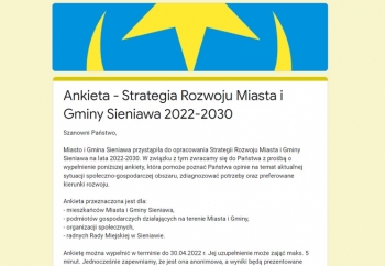 Zdjęcie główne dla: 'Zachęcamy do wypełnienia ankiety, która posłuży do opracowania Strategii Rozwoju Miasta i Gminy Sieniawa na lata 2022-2030' 