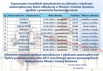 Zdjęcie główne dla: 'Harmonogram zebrań władz samorządowych Miasta i Gminy Sieniawa w sołectwach i mieście Sieniawa' 