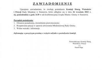 Zdjęcie główne dla: 'Zawiadomienie o posiedzeniu Komisji Skarg, Wniosków i Petycji Rady Miejskiej w Sieniawie' 