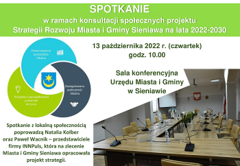 Zdjęcie główne dla: 'Zapraszamy na spotkanie w ramach konsultacji społecznych projektu Strategii Rozwoju Miasta i Gminy Sieniawa na lata 2022–2030' 