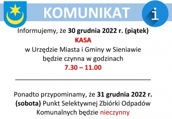Zdjęcie główne dla: '30 grudnia 2022 r. kasa w UMiG czynna do godz. 11.00' 