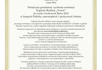 Zdjęcie główne dla: 'Burmistrz Miasta i Gminy Sieniawa nominowany do tytułu Osobowość Roku 2022 w kategorii Polityka, samorządność i społeczność lokalna' 