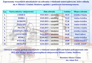 Zdjęcie główne dla: 'Zapraszamy mieszkańców na spotkania z władzami samorządowymi Miasta i Gminy Sieniawa. Harmonogram' 