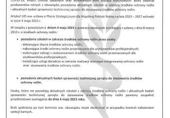 Zdjęcie główne dla: 'Informacja dot. obowiązku posiadania zaświadczeń o ukończeniu szkolenia w zakresie środków ochrony roślin oraz badania sprzętu do ich stosowania' 