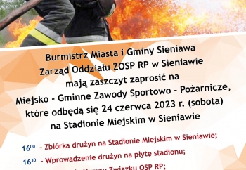 Zdjęcie główne dla: 'Zapraszamy na Miejsko-Gminne Zawody Sportowo-Pożarnicze w Sieniawie, 24.06.2023 r.' 