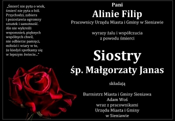Zdjęcie główne dla: 'Kondolencje. Zmarła siostra pani Aliny Filip, pracownicy Urzędu Miasta i Gminy w Sieniawie' 
