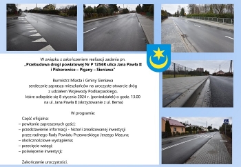 Zdjęcie główne dla: 'Zaproszenie na uroczystość oddania inwestycji pn. „Przebudowa drogi powiatowej Nr P 1256R ulica Jana Pawła II i Piskorowice – Pigany – Sieniawa”' 