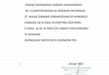 Zdjęcie główne dla: 'Zawiadomienie Zarządu ROD im. A. Czartoryskiego' 