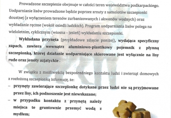 Zdjęcie główne dla: 'Wiosenna akcja szczepienia lisów przeciwko wściekliźnie'