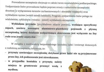 Zdjęcie główne dla: 'Wiosenna akcja szczepienia lisów przeciwko wściekliźnie' 