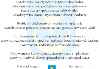 Zdjęcie główne dla: 'Zakończenie roku szkolnego 2023/2024 - podziękowania i życzenia' 