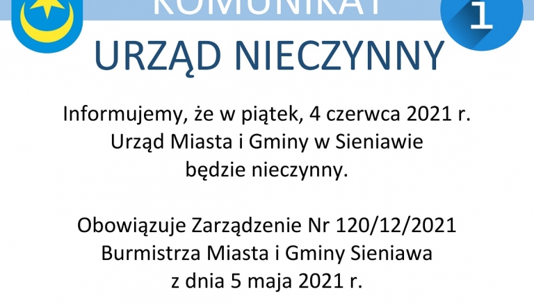 Zdjęcie główne newsa: W piątek, 4 czerwca Urząd Miasta i Gminy w Sieniawie będzie nieczynny