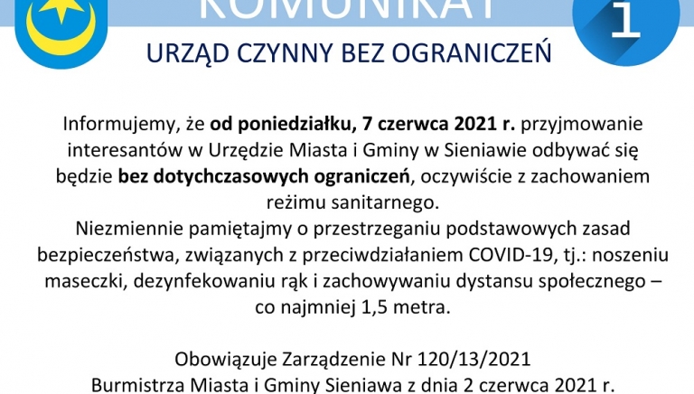 Zdjęcie główne newsa: Od 7 czerwca Urząd Miasta i Gminy w Sieniawie będzie czynny bez ograniczeń