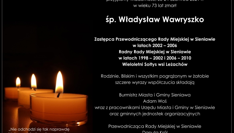 Zdjęcie główne newsa: Kondolencje. Zmarł Władysław Wawryszko - wieloletni Radny Rady Miejskiej w Sieniawie.