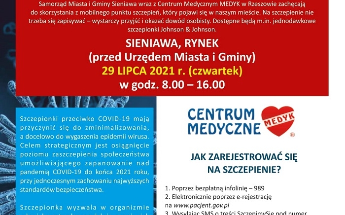 Zdjęcie główne newsa: Szczepienia przeciwko COVID-19 w Mieście i Gminie Sieniawa - 29 lipca br. zapraszamy na sieniawski rynek