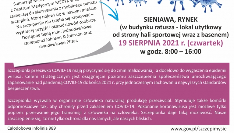 Zdjęcie główne newsa: Mobilny Punkt Szczepień w Sieniawie - zapraszamy w czwartek, 19 sierpnia 2021 r.
