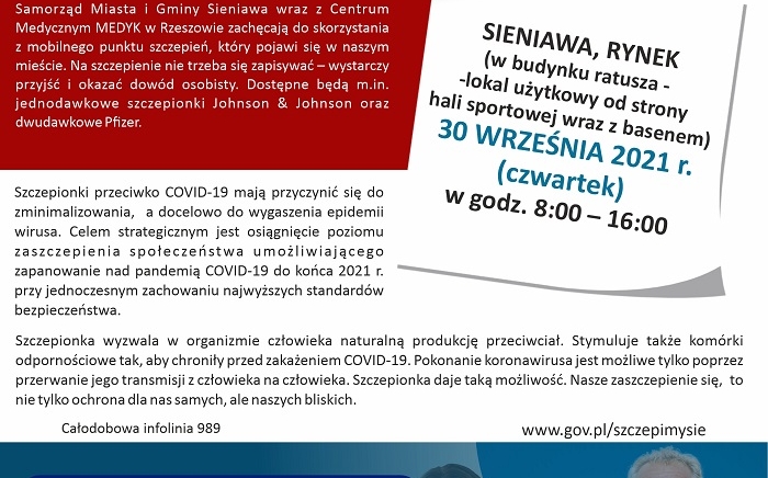 Zdjęcie główne newsa: #SzczepimySię w Sieniawie po raz czwarty z Centrum Medycznym Medyk z Rzeszowa