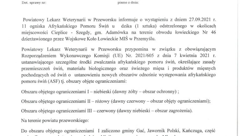 Zdjęcie główne newsa: Informacja Powiatowego Lekarza Weterynarii w Przeworsku, 4.10.2021 r.