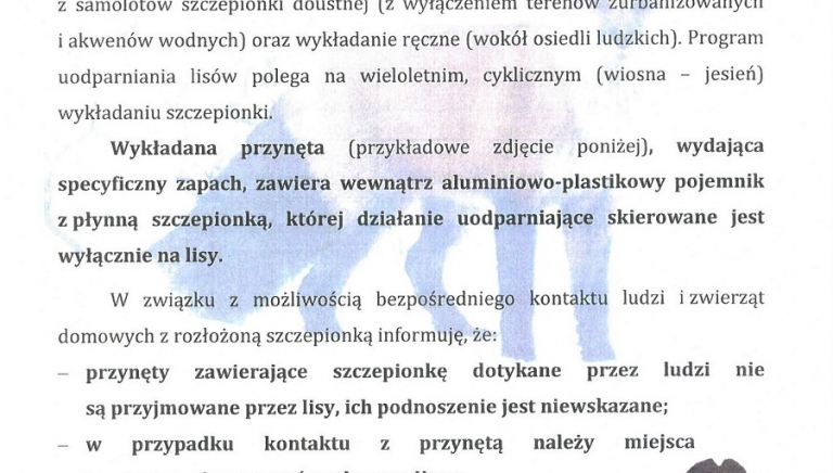 Zdjęcie główne newsa: Szczepienia lisów wolno żyjących przeciwko wściekliźnie - komunikat