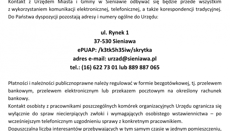 Zdjęcie główne newsa: Komunikat w sprawie zmian w organizacji bezpośredniej obsługi interesantów w Urzędzie Miasta i Gminy w Sieniawie