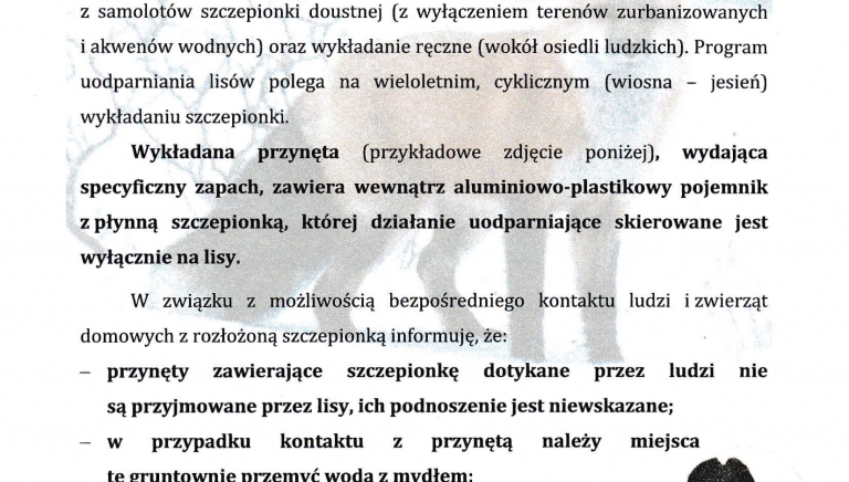 Zdjęcie główne newsa: Akcja szczepienia lisów wolno żyjących przeciwko wściekliźnie - komunikat