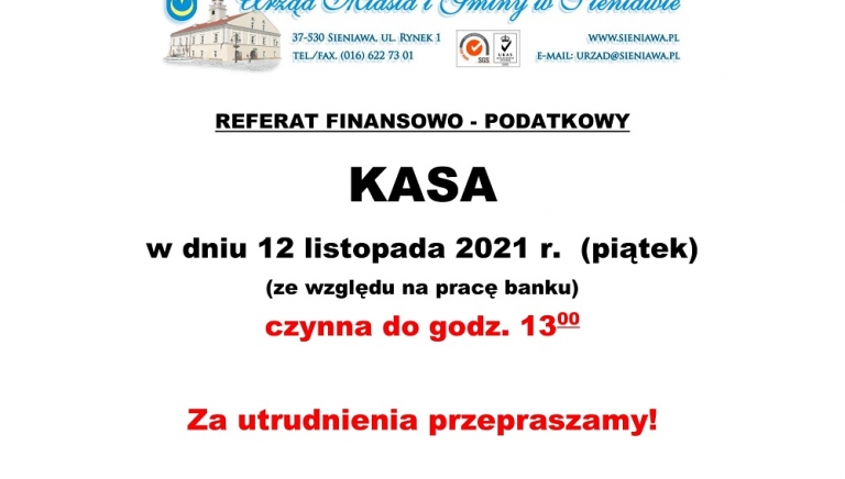 Zdjęcie główne newsa: W piątek, 12 listopada 2021 r. kasa czynna do 13.00