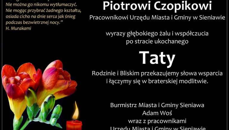 Zdjęcie główne newsa: Kondolencje. Zmarł tato pana Piotra Czopika, pracownika Urzędu Miasta i Gminy w Sieniawie