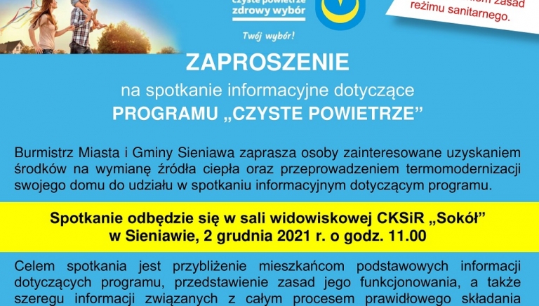 Zdjęcie główne newsa: Spotkanie informacyjne dot. programu Czyste Powietrze odbędzie się 2 grudnia 2021 r. w CKSiR 