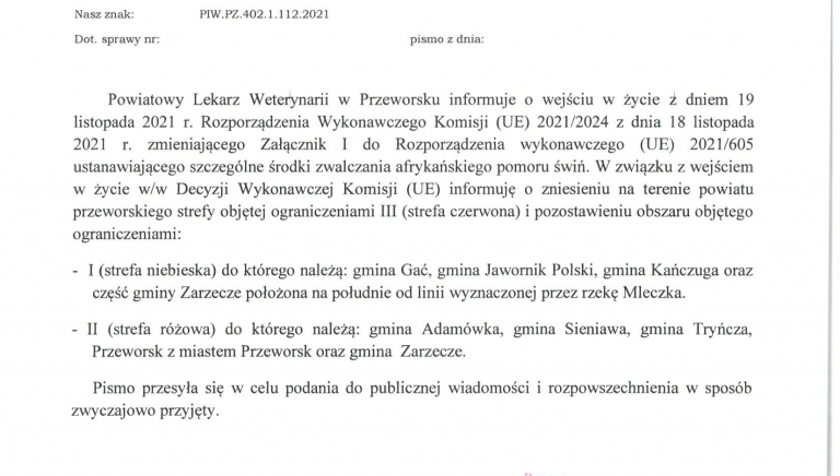 Zdjęcie główne newsa: Informacja Powiatowego Lekarza Weterynarii w Przeworsku, 1 grudnia 2021 r.