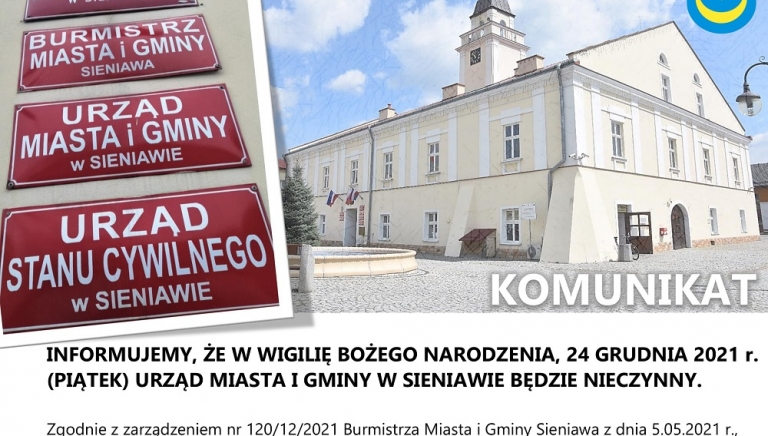 Zdjęcie główne newsa: W Wigilię, 24 grudnia 2021 r. Urząd Miasta i Gminy w Sieniawie będzie nieczynny