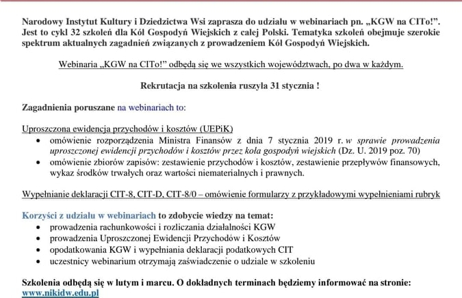 Zdjęcie główne newsa: Webinaria pn. „KGW na CITo!” - zaproszenie do udziału