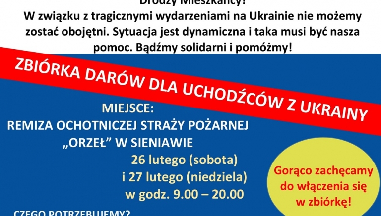 Zdjęcie główne newsa: Pomoc dla uchodźców z Ukrainy - zbiórka przy OSP w Sieniawie i w mobilnych punktach w sobotę i niedzielę