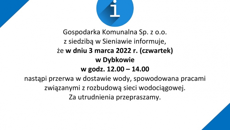 Zdjęcie główne newsa: Przerwa w dostawie wody w Dybkowie - ogłoszenie