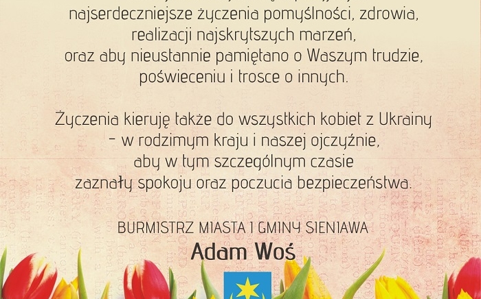 Zdjęcie główne newsa: Życzenia Burmistrza Miasta i Gminy Sieniawa z okazji Dnia Kobiet, 8 marca 2022 r.