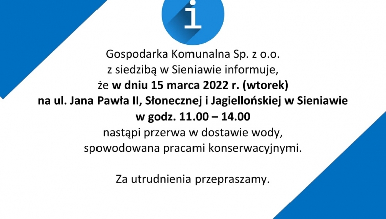 Zdjęcie główne newsa: Przerwa w dostawie wody na ul. Jana Pawła II, Słonecznej i Jagiellońskiej w Sieniawie