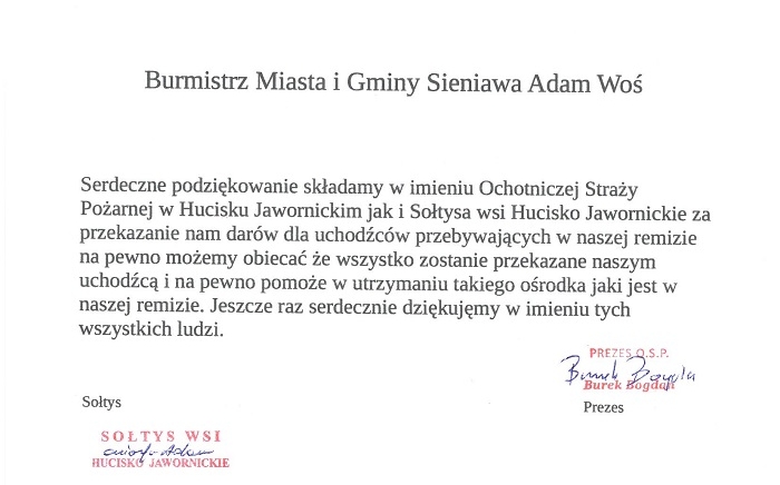 Zdjęcie główne newsa: Podziękowanie OSP w Hucisku Jawornickim i sołtysa wsi dla Burmistrza Miasta i Gminy Sieniawa